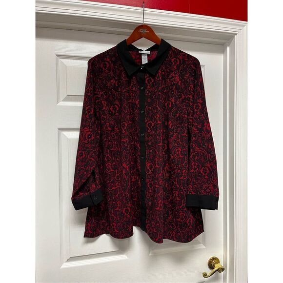 Catherine’s Red & Black Lace Print Button Down Tab Sleeve Top sz 2X - Picture 1 of 8